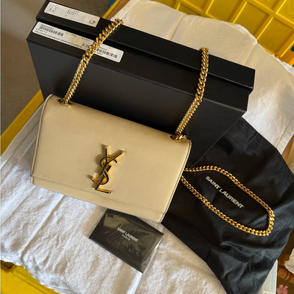 Saint Laurent YSL Kate Small Grain de poudre Embossed Leather beige handbag